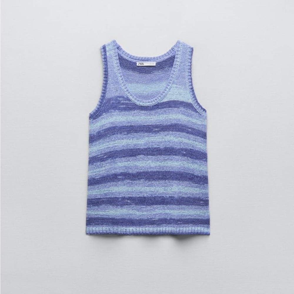 BNWT Zara Cream and Blue Striped Knit Tank Top - SZ. M